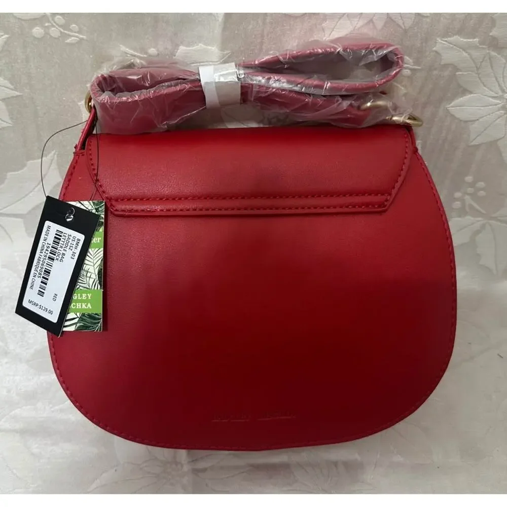 Badgley Mischka Red Saddle Bag with gold accents. B142-6050